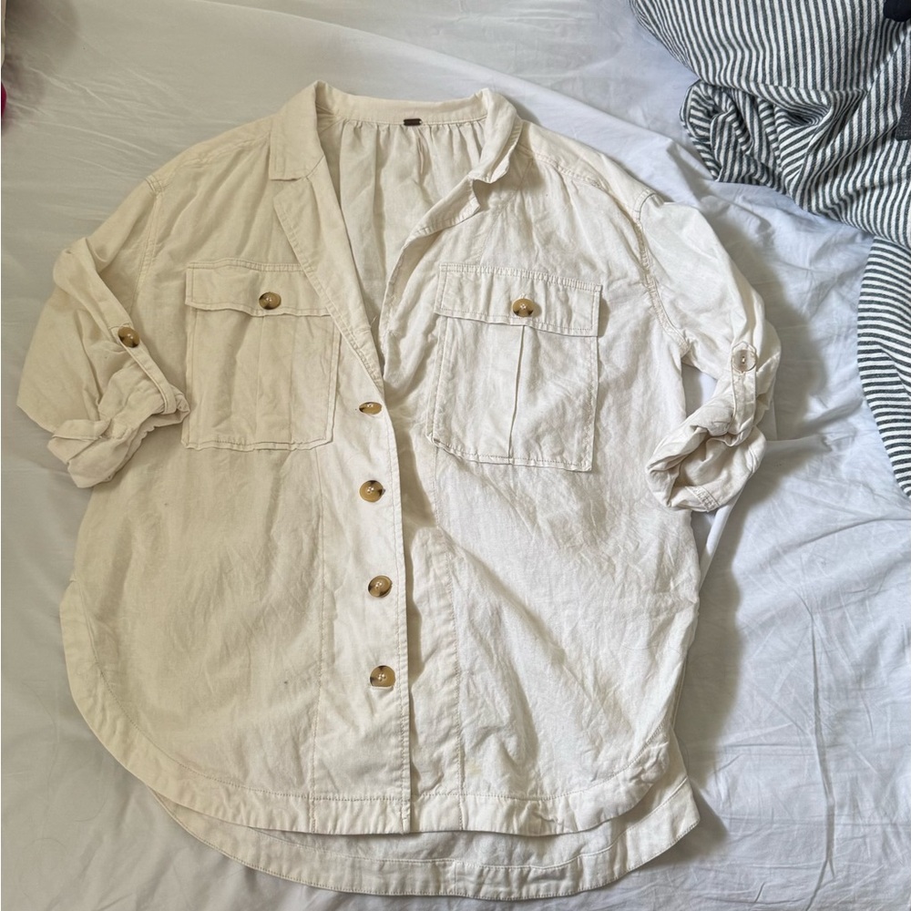 Free People Cream Button-Front Utility Jacket *MISSING TOP BUTTON*